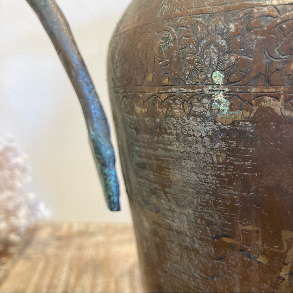 Hand Etched Vintage Metal Pitcher with Lid and Dovetail Joinery Middle Eastern - Picture 16 of 17